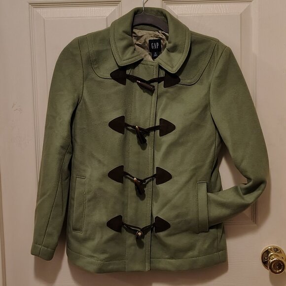 GAP Olive Green Cropped Style Wool Blend Horn Button Toggle Coat Jacket - Picture 8 of 8